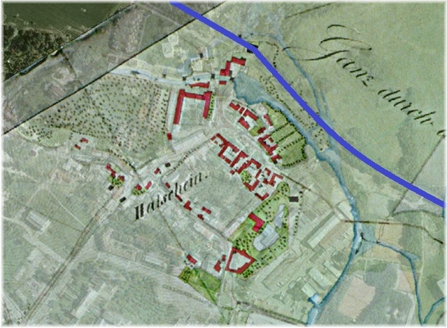 Mapa z roku 1833 přiložená na současné satelitní mapě